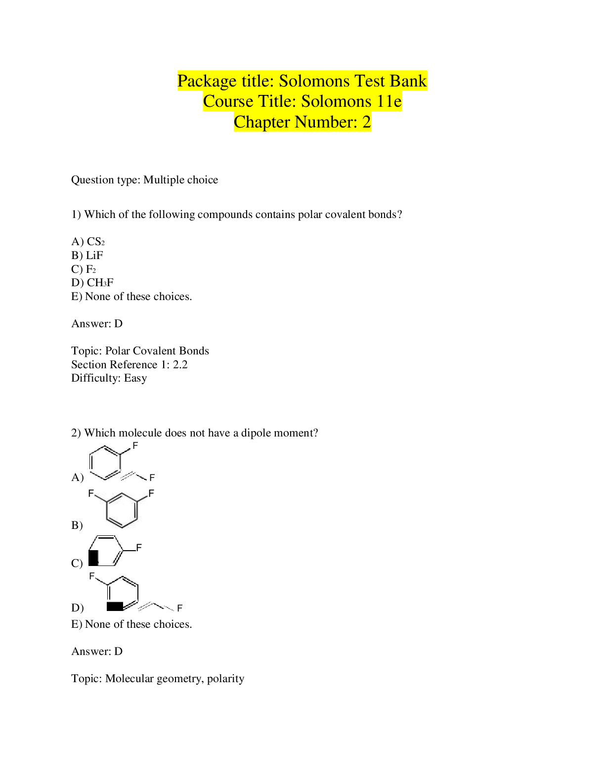 Preview image for Solomons Test Bank Course Title: Solomons 11th Edition. Chapter Number: 2